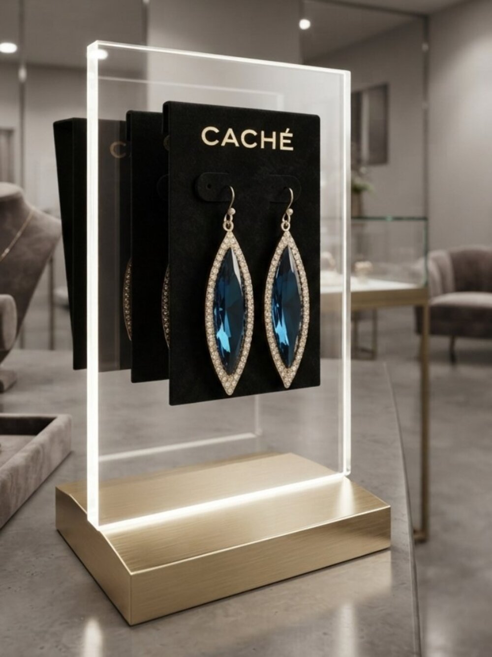 Cache blue long drop crystal with rhinestone fish hook earring